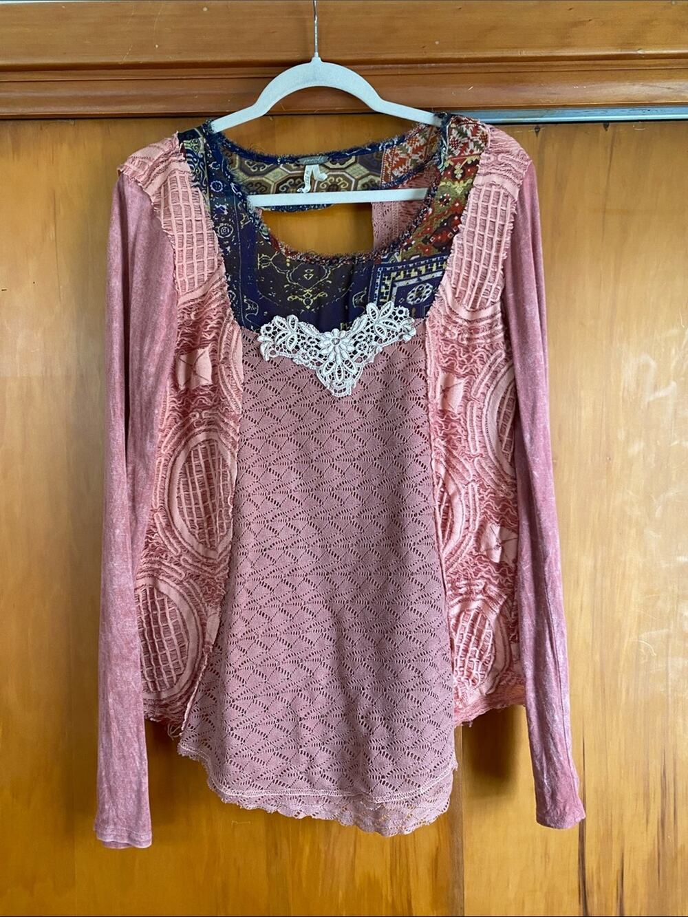 BKE Dusty Rose Mixed-Lace Long Sleeve Top Navy Patterned Yoke Artist Boho Craft